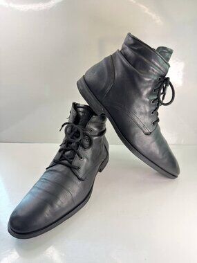 Mens Black Leather Lace-Up Ankle Boots